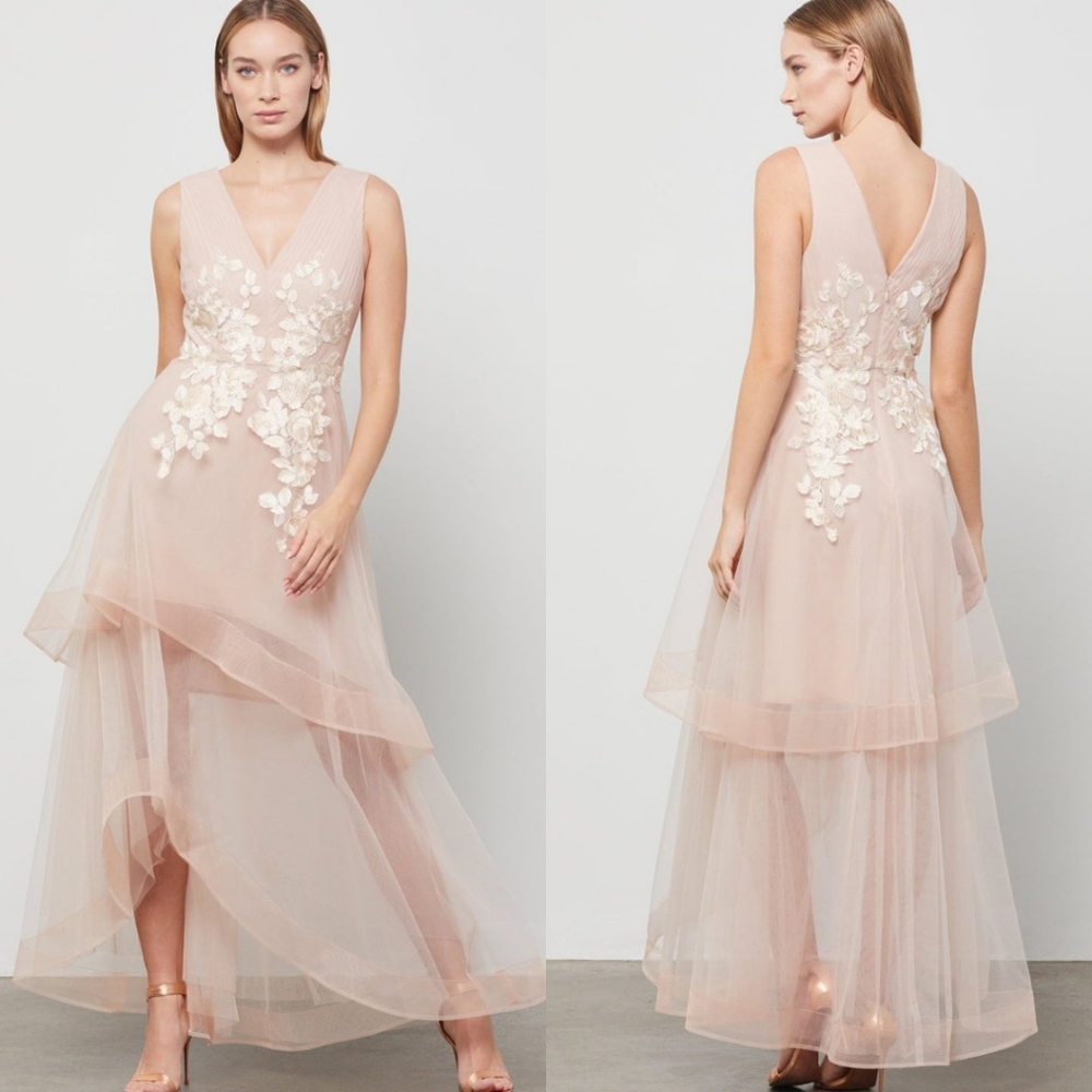 BCBGMAXAZRIA Asymetrical Applique Gown